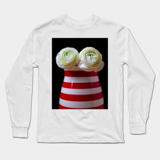 Two White Ranunculus Flowers In Red And White Striped Vase Long Sleeve T-Shirt